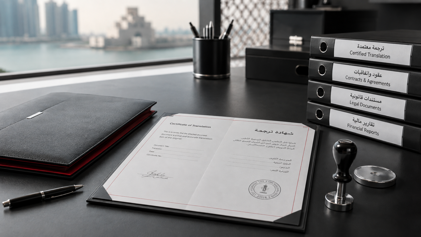 Certified translation documents and official stamp in a Double A office